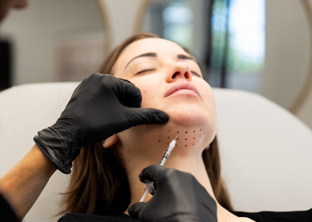 Professional wearing gloves holds patient's chin and injects needle into marked spots.